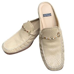 Stuart Weitzman Beige Leather Snakeskin Mules Size 7 Shoe with Jeweled Accent